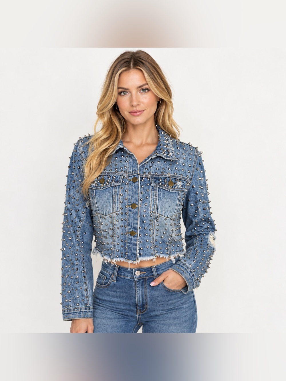 Spiked Studded Cropped Denim Jacket M Y2K Punk - Missing Few Spikes READ